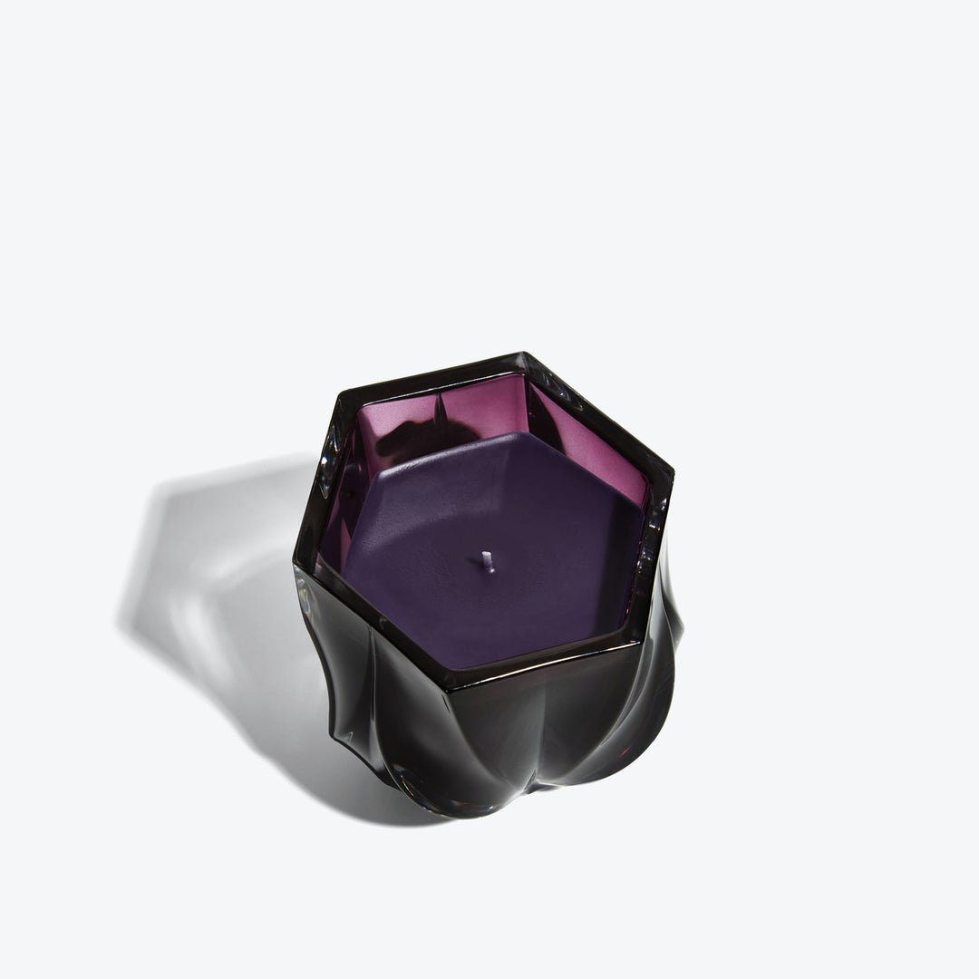 Shimmer Scented Candle — Purple glass vessel, top-down view of hexagonal rim and wax