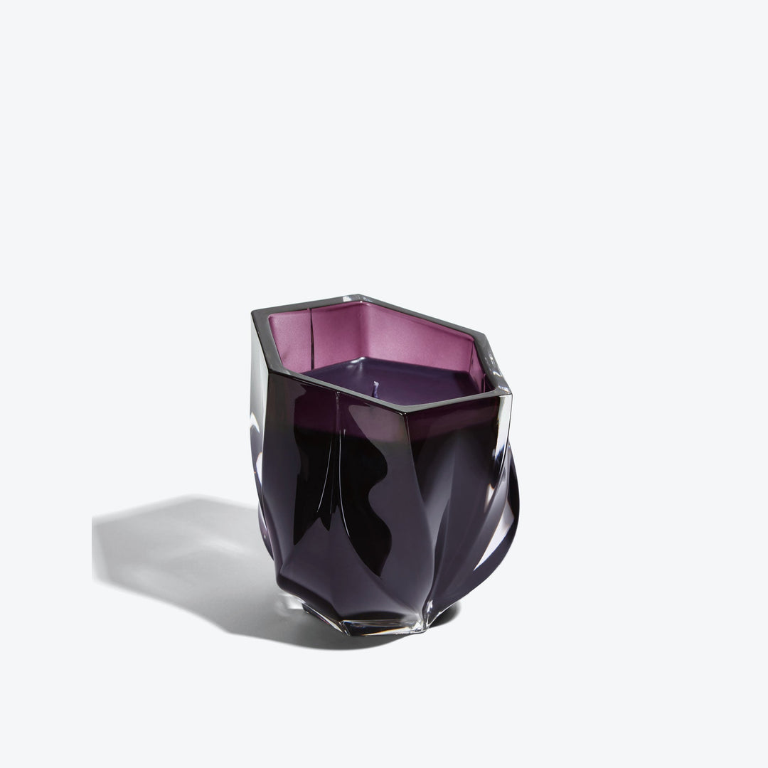 Shimmer Scented Candle — Purple glass vessel with violet wax, three-quarter view