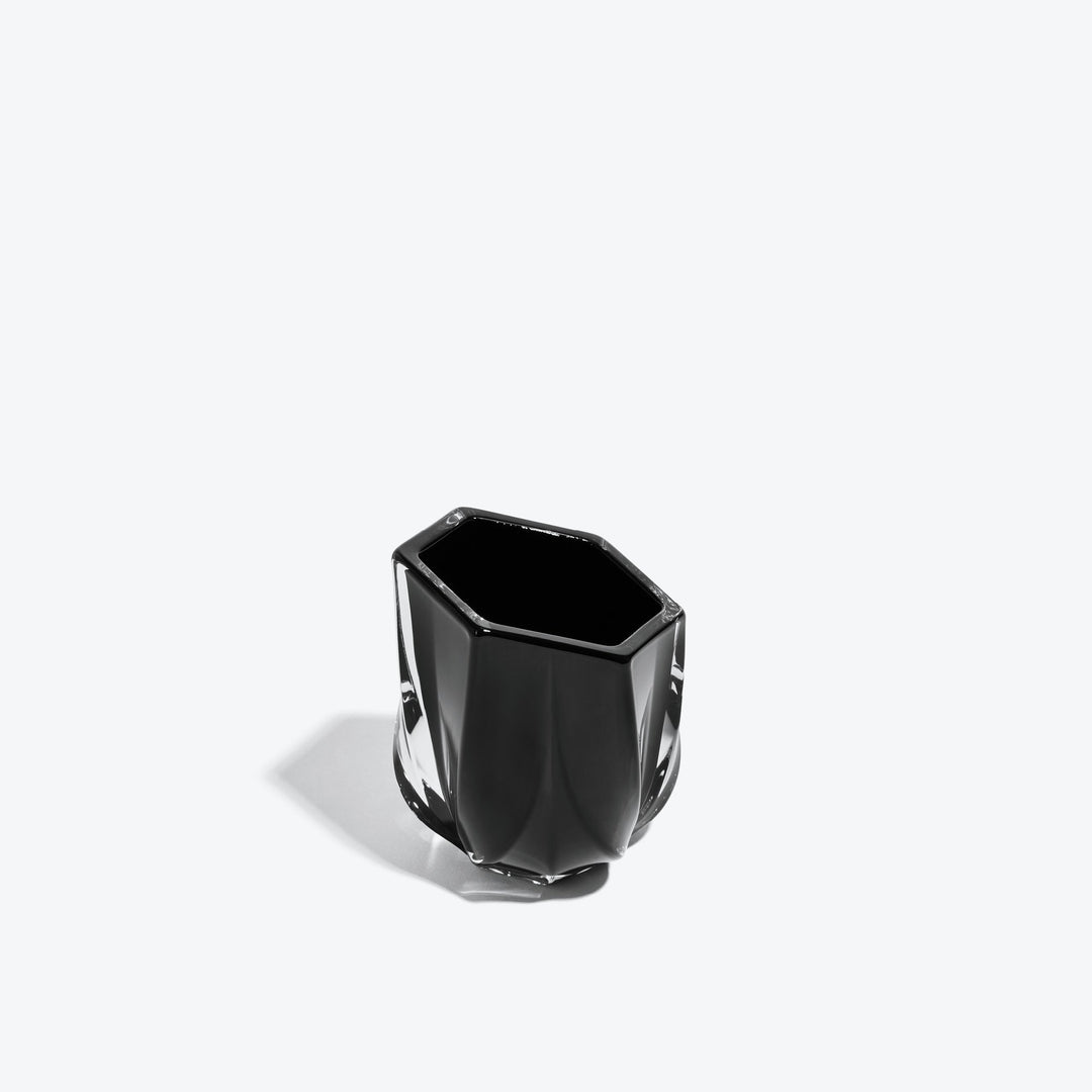 Shimmer Tealight Holder — Black holder, front view showing the hexagonal rim