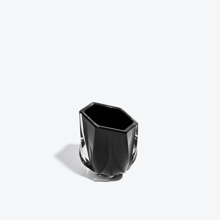 Shimmer Tealight Holder — Black holder, front view showing the hexagonal rim