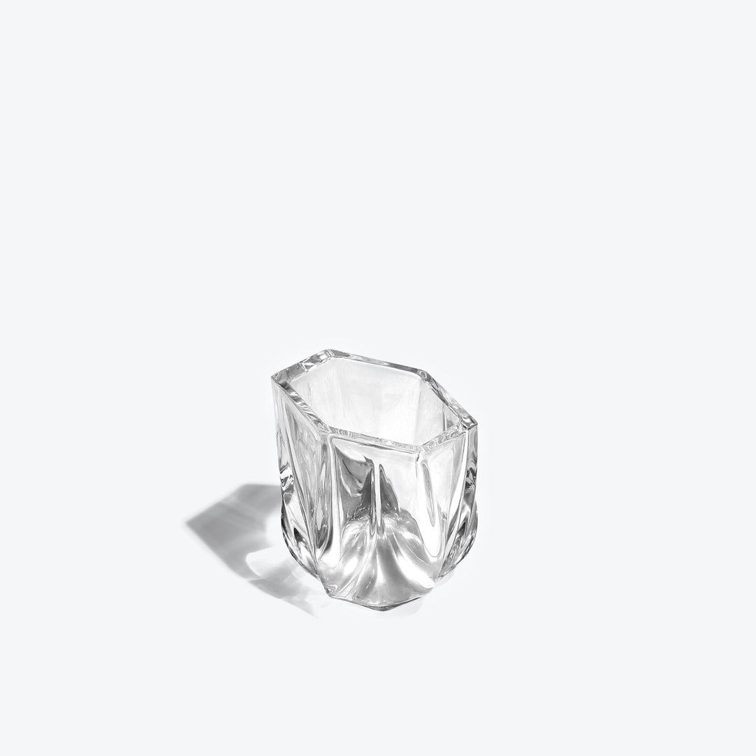 Shimmer Tealight Holder — Clear holder, front view showing the hexagonal rim