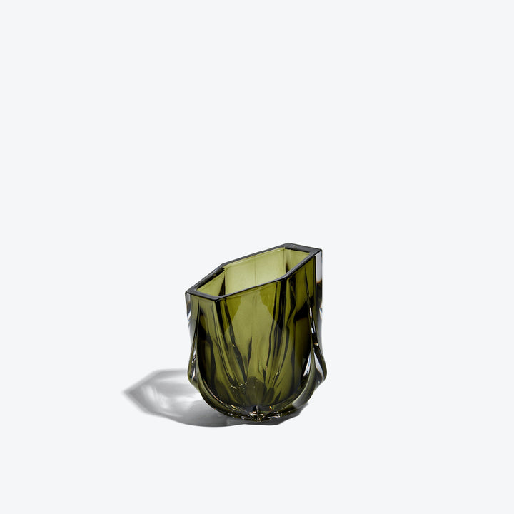 Shimmer Tealight Holder — Olive Green faceted glass holder, three-quarter side view on white