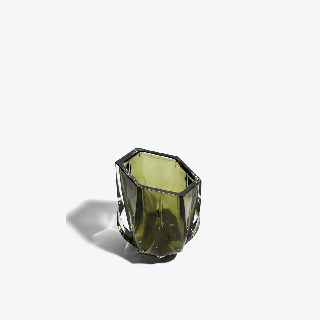 Shimmer Tealight Holder — Olive Green holder, front view showing the hexagonal rim