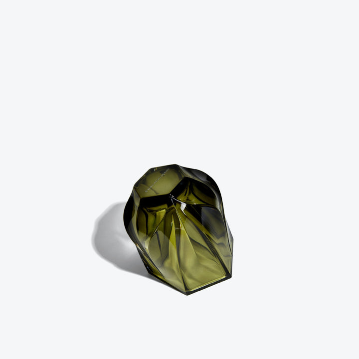 Shimmer Tealight Holder — Olive Green holder tipped on its side, showing the twisted faceted base