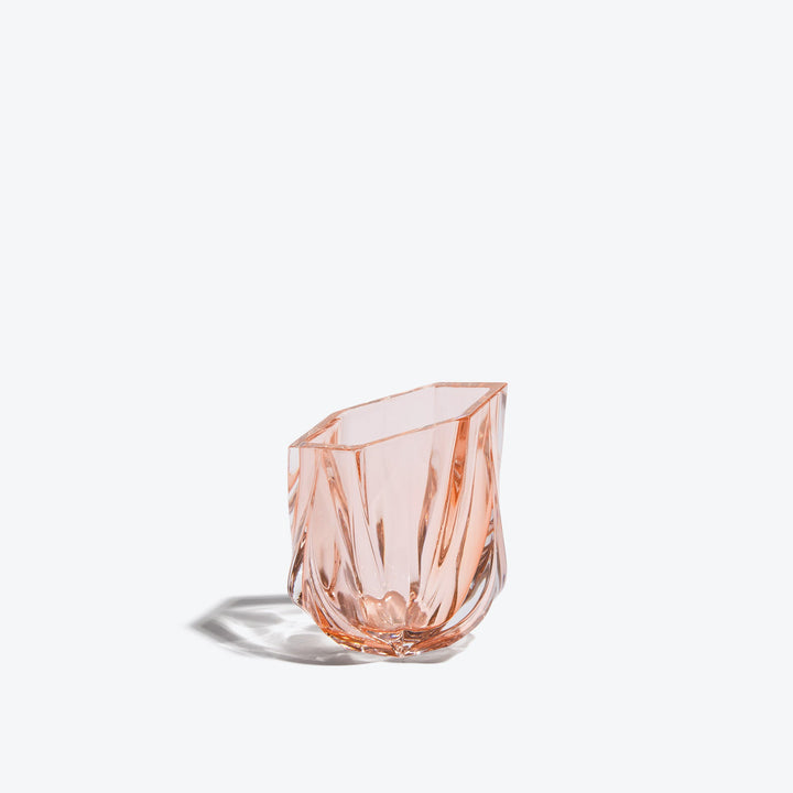 Shimmer Tealight Holder — Rose faceted glass holder, three-quarter side view on white