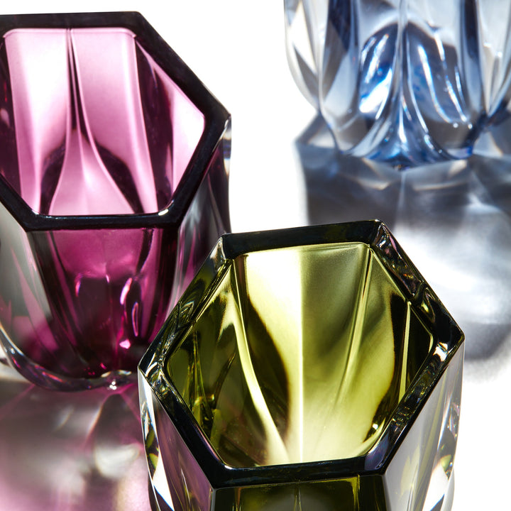 Shimmer Tealight Holder — Purple, Olive Green and Slate Blue holders, close-up looking down into the hexagonal rims