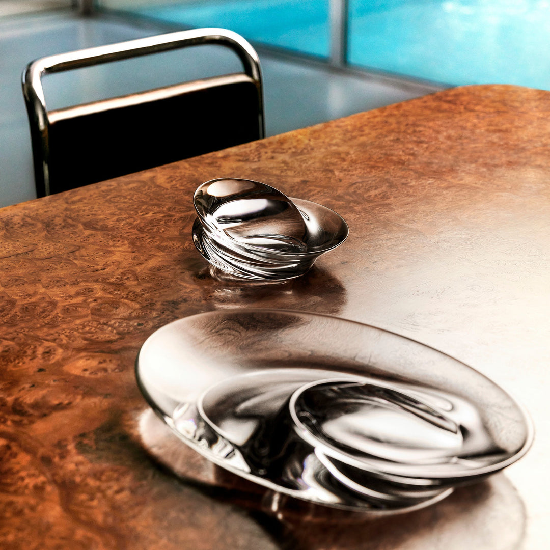 Swirl Bowl — small and large Clear Crystal bowls on a burl wood table