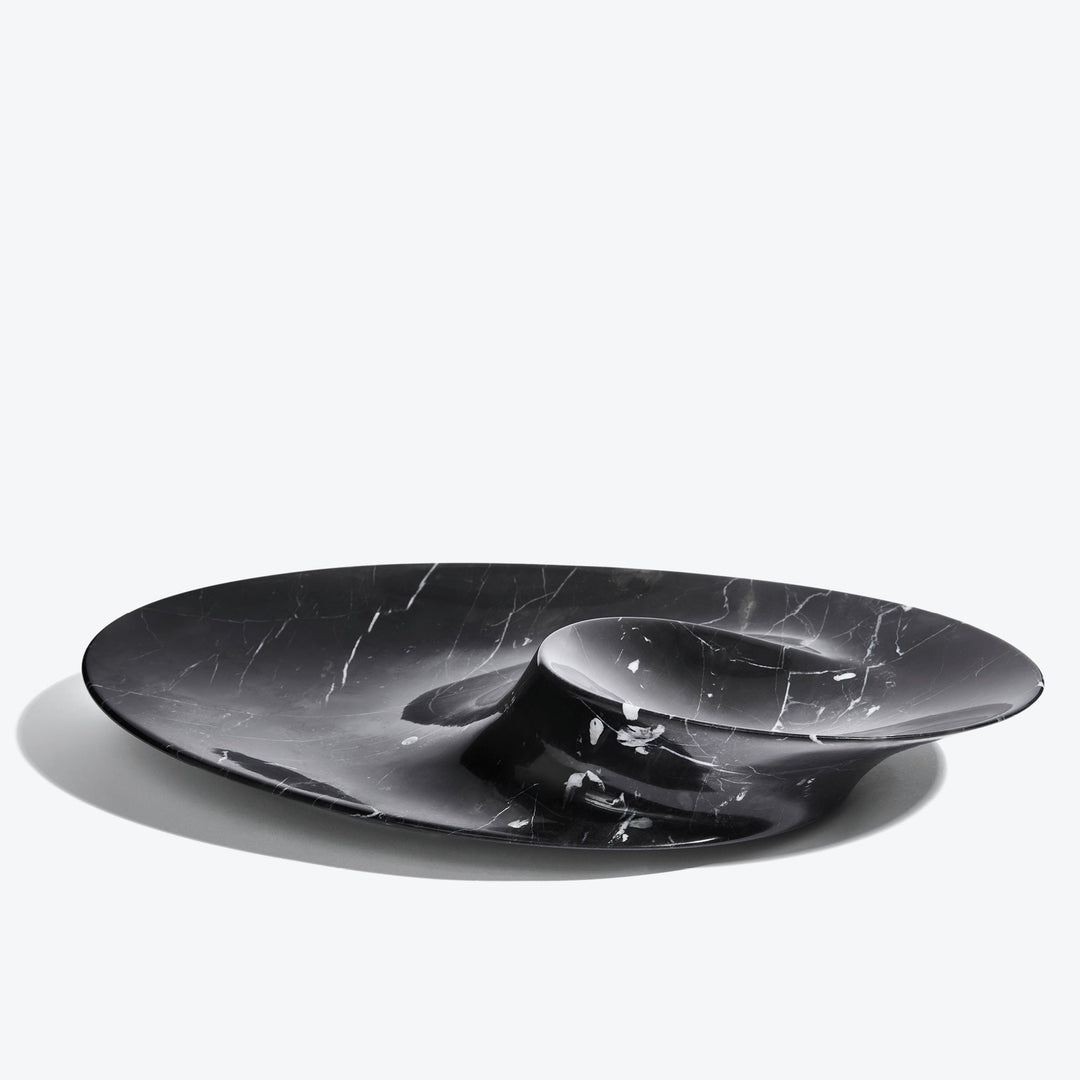 Swirl Bowl — large Black Marble bowl, side view of the raised swirl