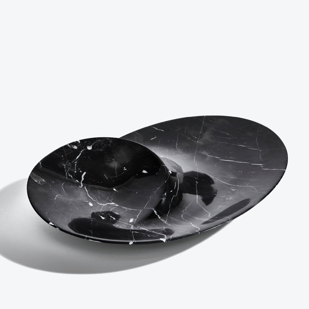 Swirl Bowl — large Black Marble bowl, angled view of the inner well
