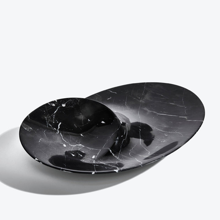 Swirl Bowl — large Black Marble bowl, angled view of the inner well