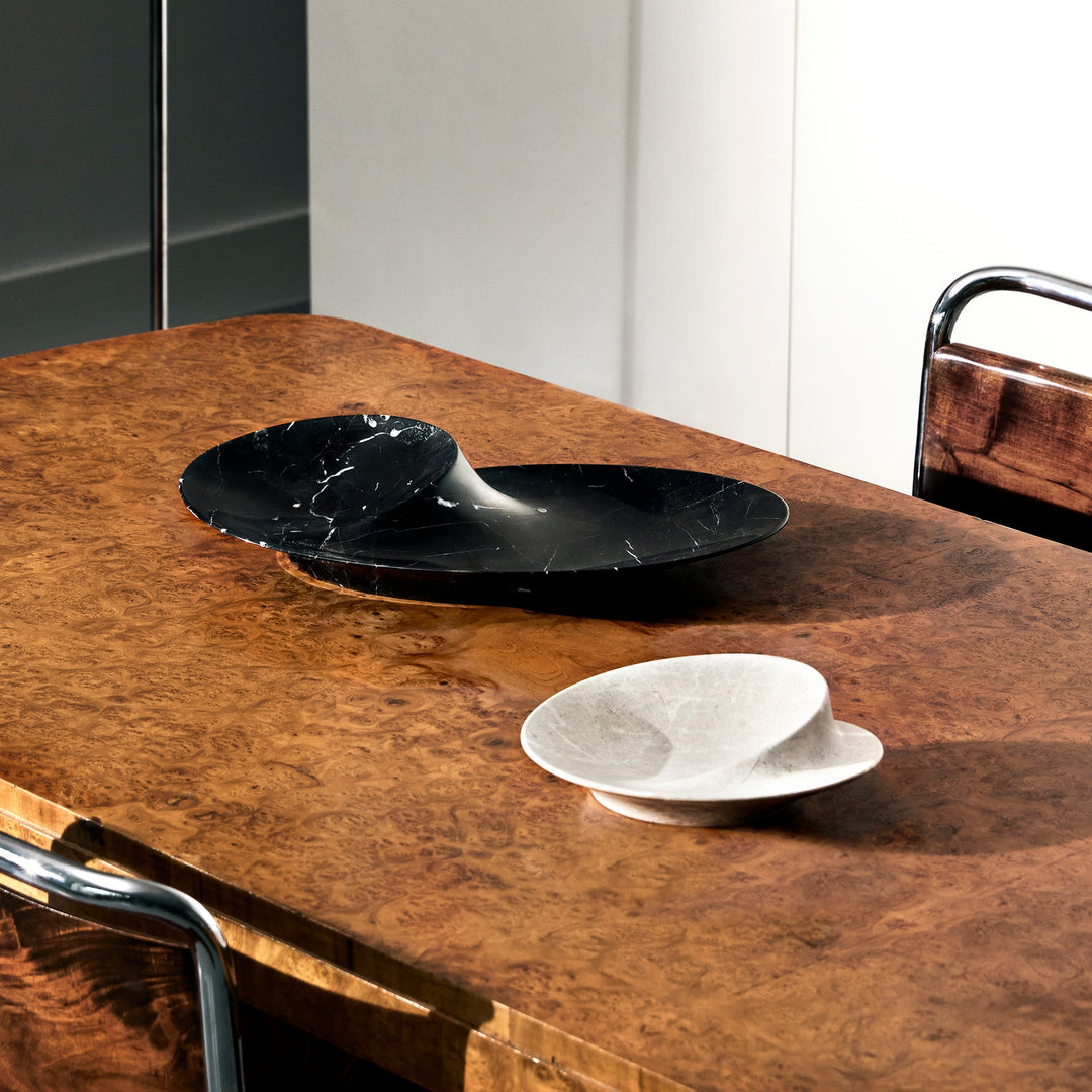 Swirl Bowl — large Black Marble and small Grey Marble bowls on a burl wood table