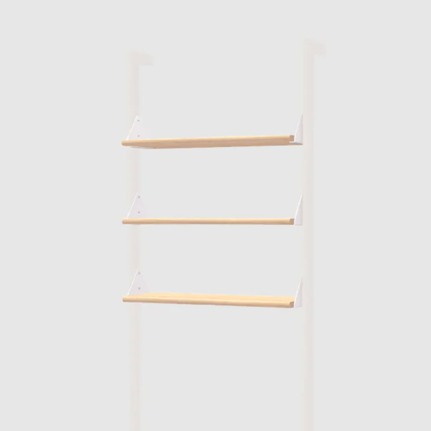 Minimalist oak floating shelves with white brackets, modern wall storage for curated home decor