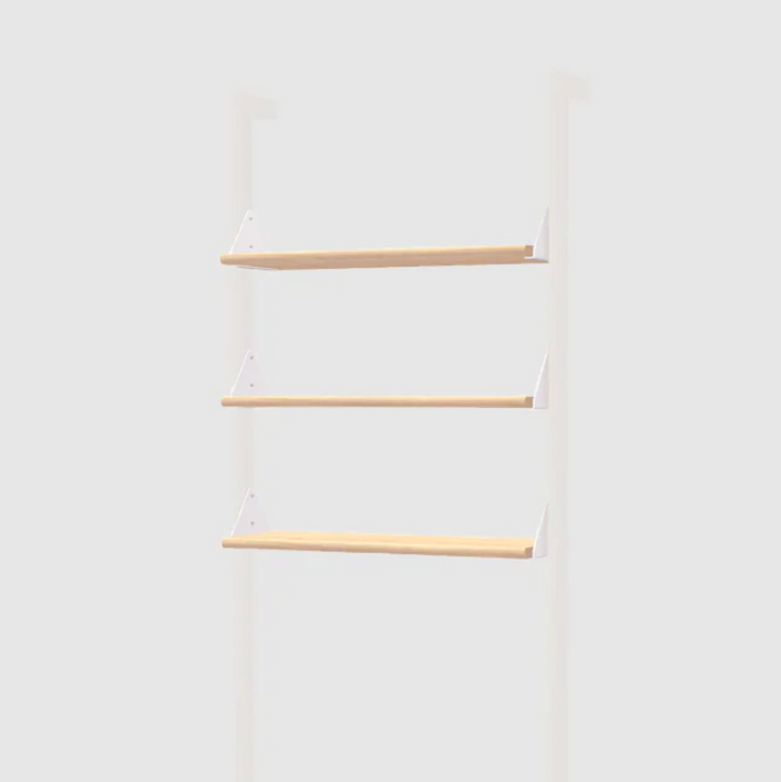 Minimalist oak floating shelves with white brackets, modern wall storage for curated home decor
