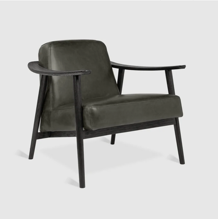 Olive leather armchair with dark wood frame, modern designer furniture