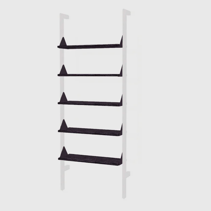 Minimalist black oak ladder shelf with white frame, modern wall-mounted storage for curated decor