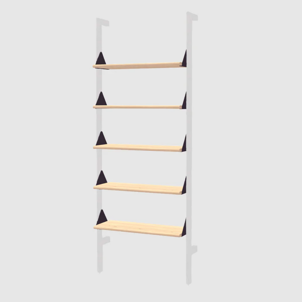 Minimalist wooden shelf with black triangular brackets, modern designer home furnishing