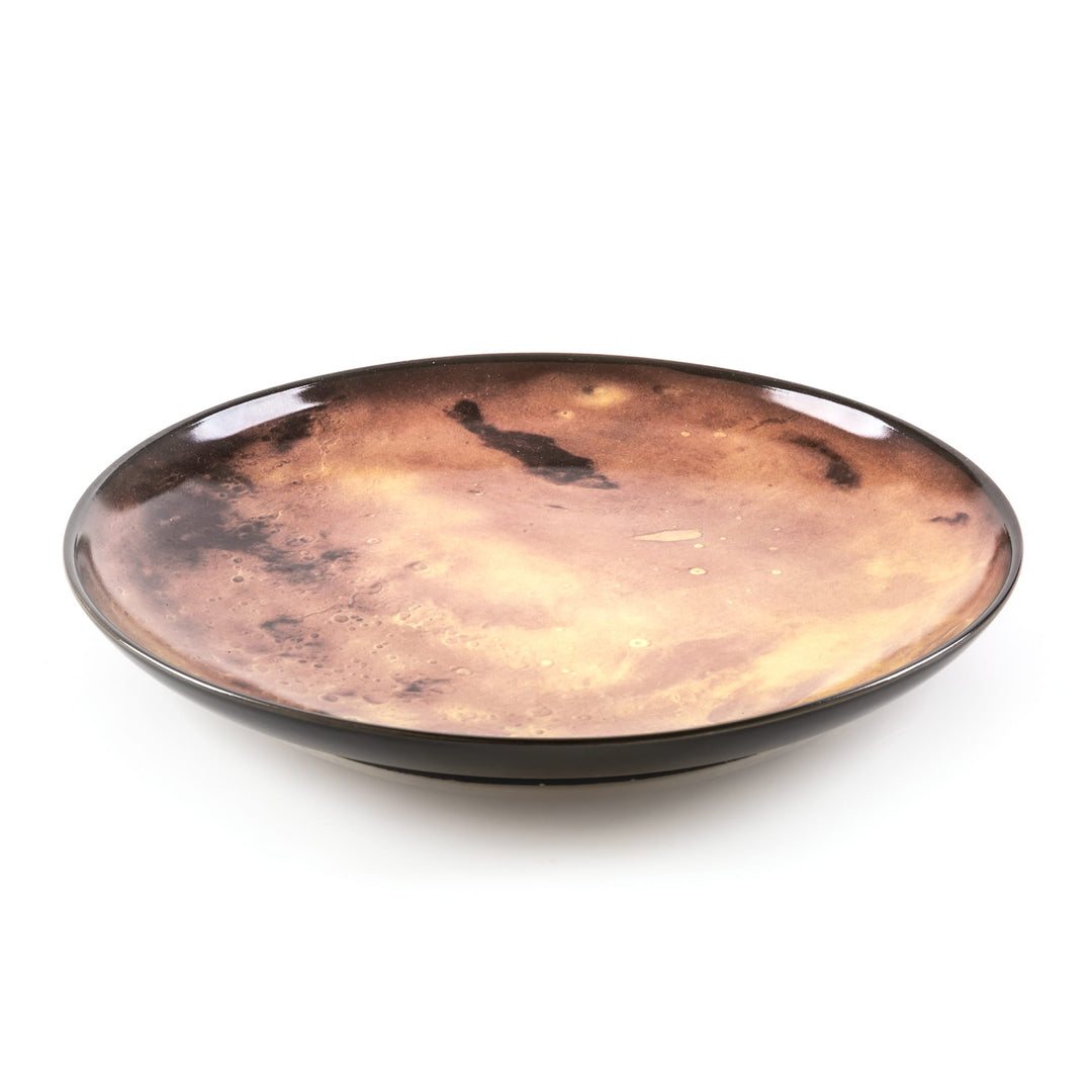 Seletti Cosmic Diner Venus Dinner Plate, angled view of the copper-toned print