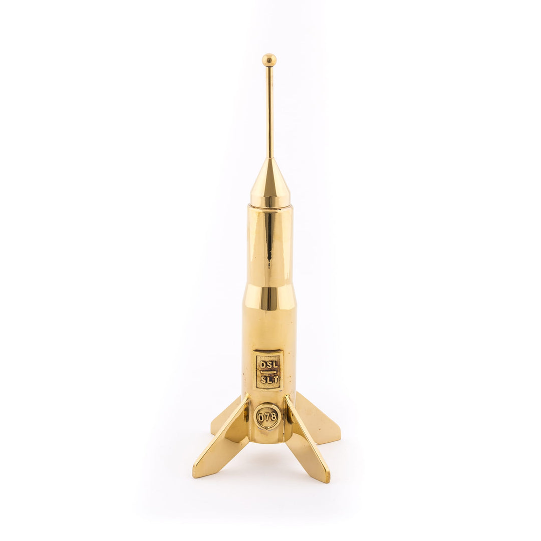 Seletti Cosmic Diner Lunar Hard Rocket Small, brass rocket shown closed at its shorter height
