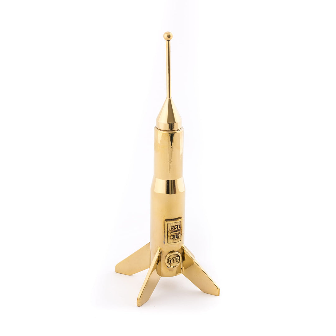 Seletti Cosmic Diner Lunar Hard Rocket Small, polished brass rocket candleholder on four fins, without candle
