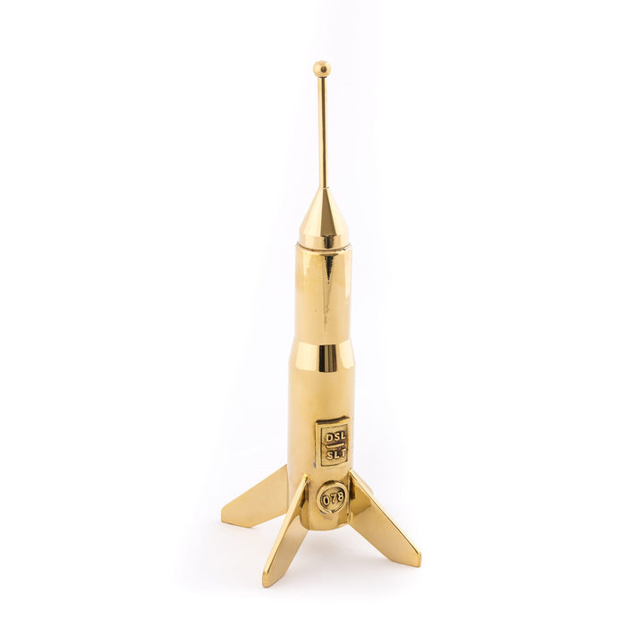 Seletti Cosmic Diner Lunar Hard Rocket Small, polished brass rocket candleholder on four fins, without candle