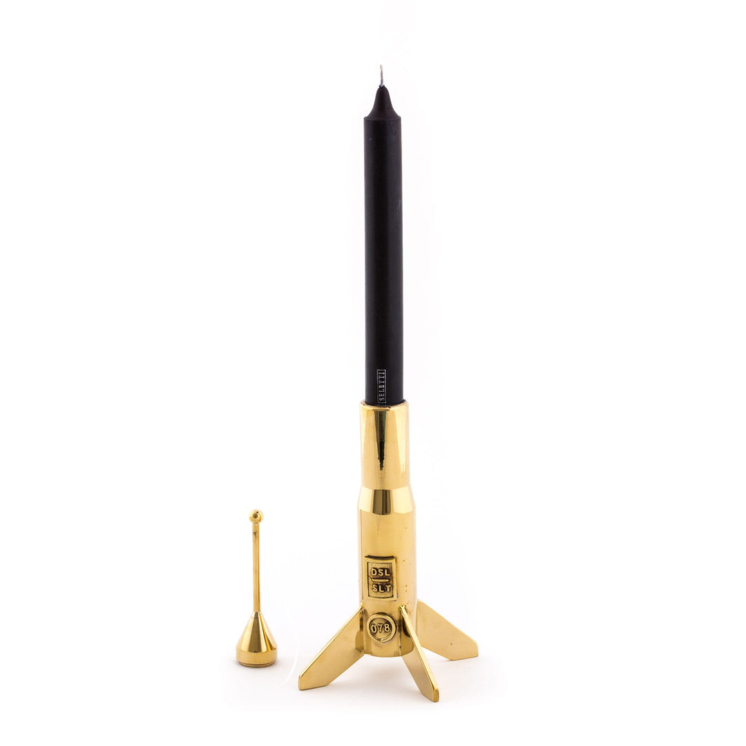 Seletti Cosmic Diner Lunar Hard Rocket Small, brass rocket candlestick extended, black candle fitted, snuffer alongside