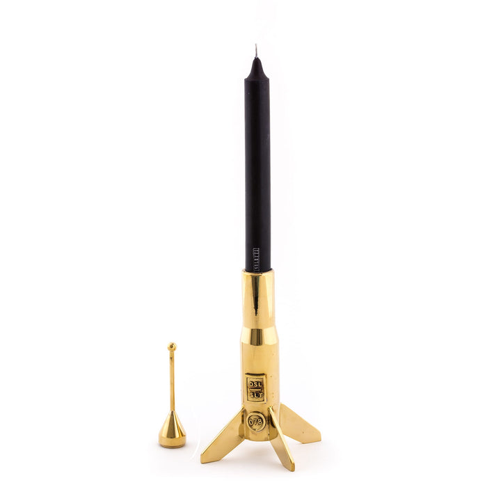 Seletti Cosmic Diner Lunar Hard Rocket Small, brass rocket candlestick extended, black candle fitted, snuffer alongside