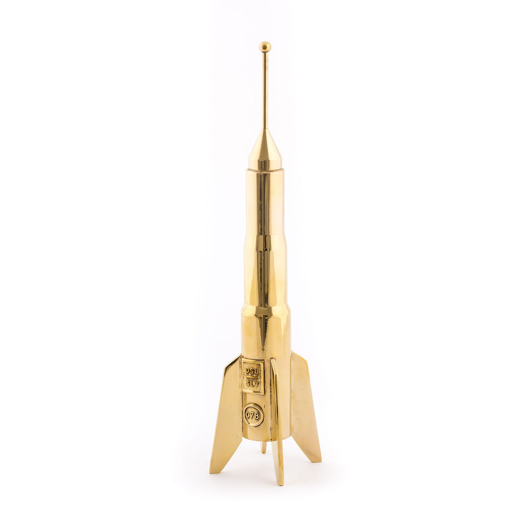 Seletti Cosmic Diner Lunar Hard Rocket Large, tall brass rocket candleholder standing on four fins