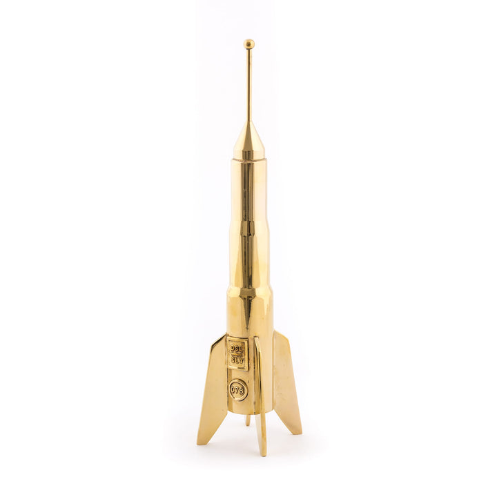 Seletti Cosmic Diner Lunar Hard Rocket Large, tall brass rocket candleholder standing on four fins