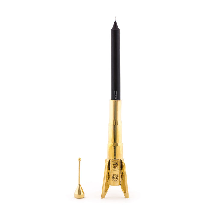 Seletti Cosmic Diner Lunar Hard Rocket Large, tall rocket fitted with a black taper candle, brass snuffer beside it