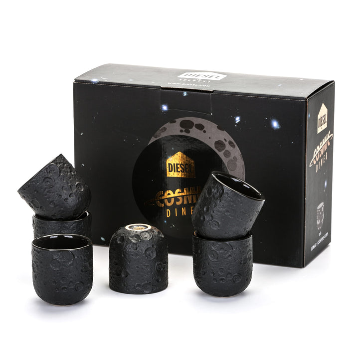 Seletti Cosmic Diner Lunar Coffee Cups (Set of 6), the six cups in front of their black Cosmic Diner gift box