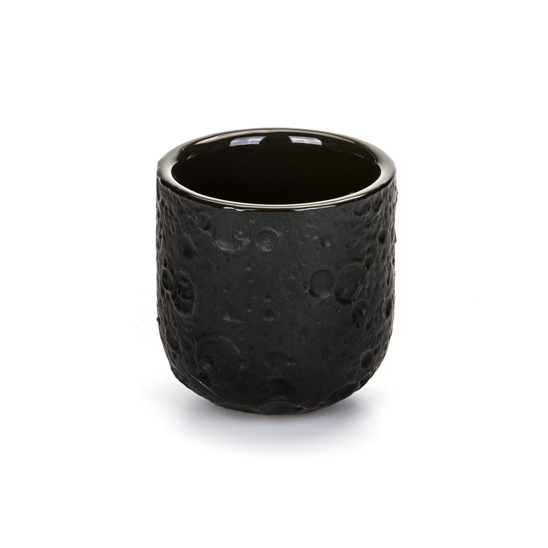 Seletti Cosmic Diner Lunar Coffee Cups (Set of 6), black espresso cup with a cratered outside and glossy rim