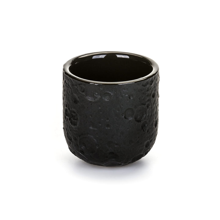 Seletti Cosmic Diner Lunar Coffee Cups (Set of 6), black espresso cup with a cratered outside and glossy rim