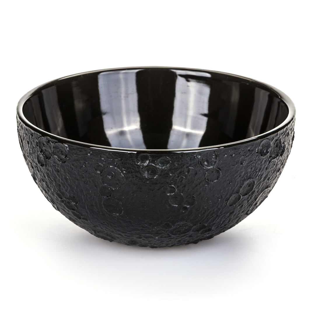 Seletti Cosmic Diner Lunar Bowl Large, black stoneware bowl with a glossy interior and cratered moon-texture exterior