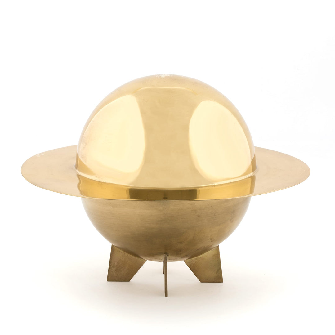 Seletti Cosmic Diner Lunar Box, polished brass sphere box with a Saturn-like ring and three tripod feet