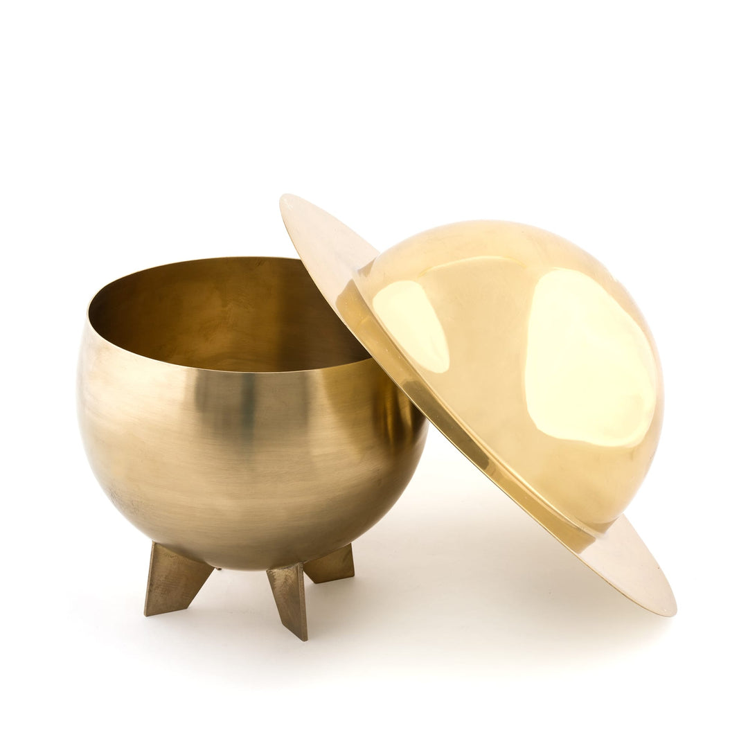 Seletti Cosmic Diner Lunar Box, brass box with the ringed lid lifted to show the hollow interior