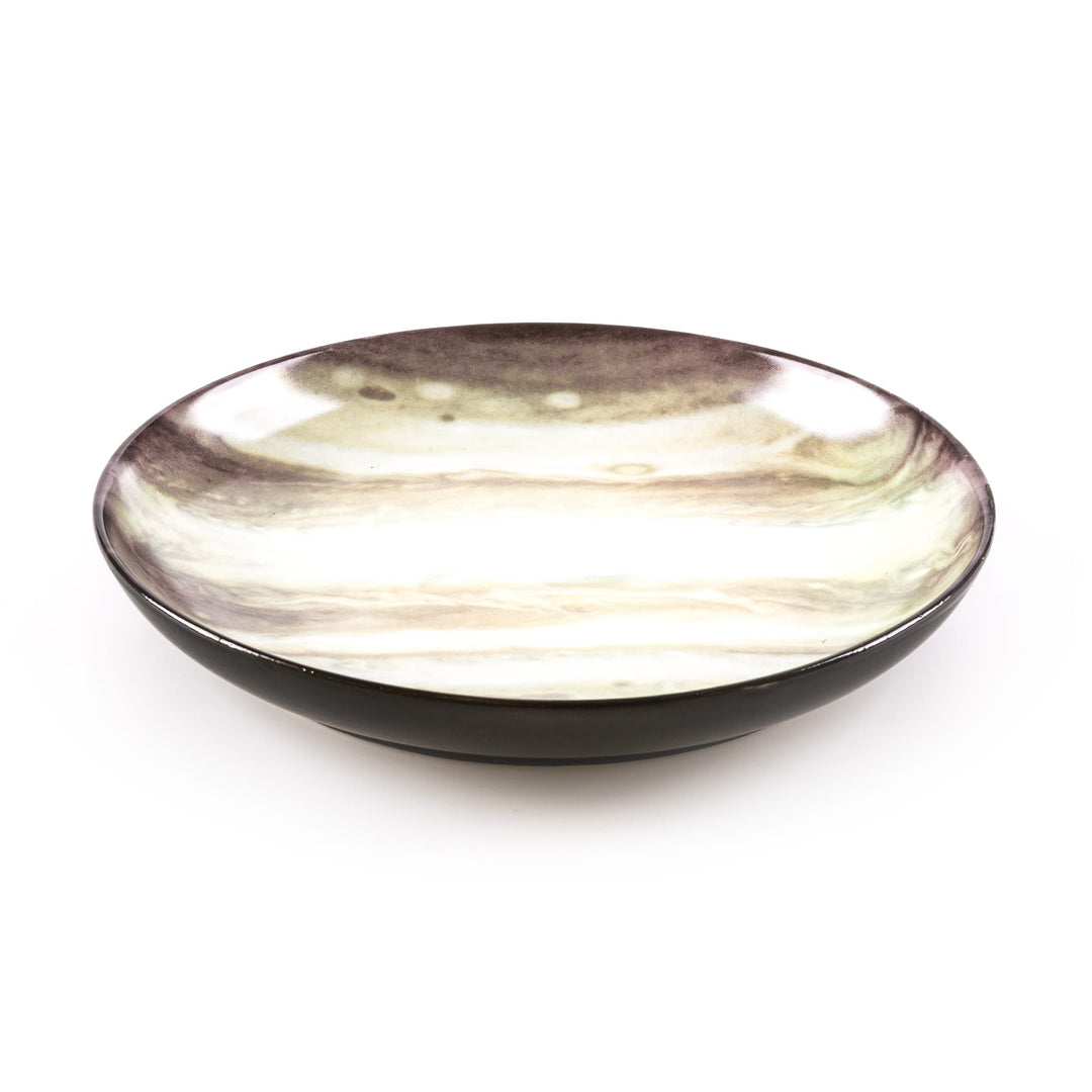 Seletti Cosmic Diner Jupiter Soup Plate, angled view into the bowl of the banded Jupiter print