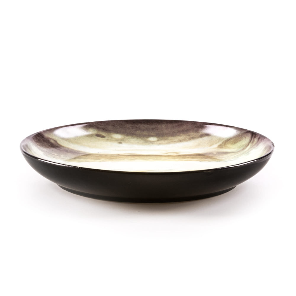 Seletti Cosmic Diner Jupiter Soup Plate, side view of the deep plate, cream bands over a black exterior