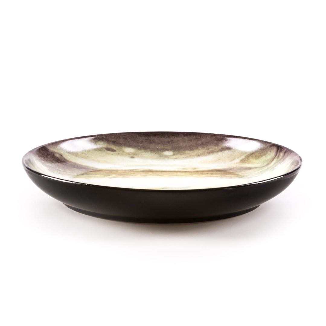 Seletti Cosmic Diner Jupiter Soup Plate, side view of the deep plate, cream bands over a black exterior