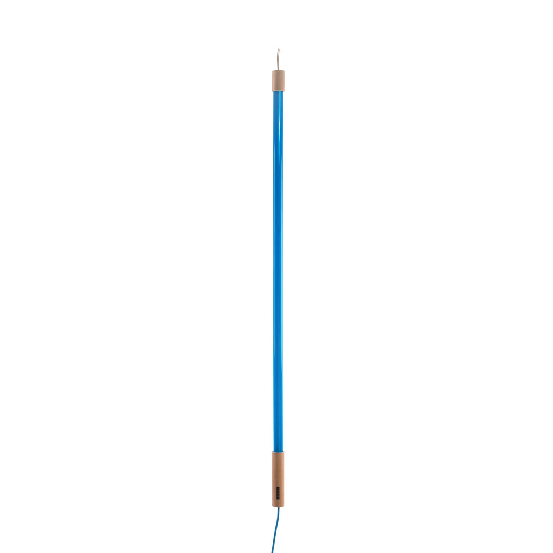 Seletti Linea LED Blue, slim blue LED tube with a natural wood end and clear cord, unlit