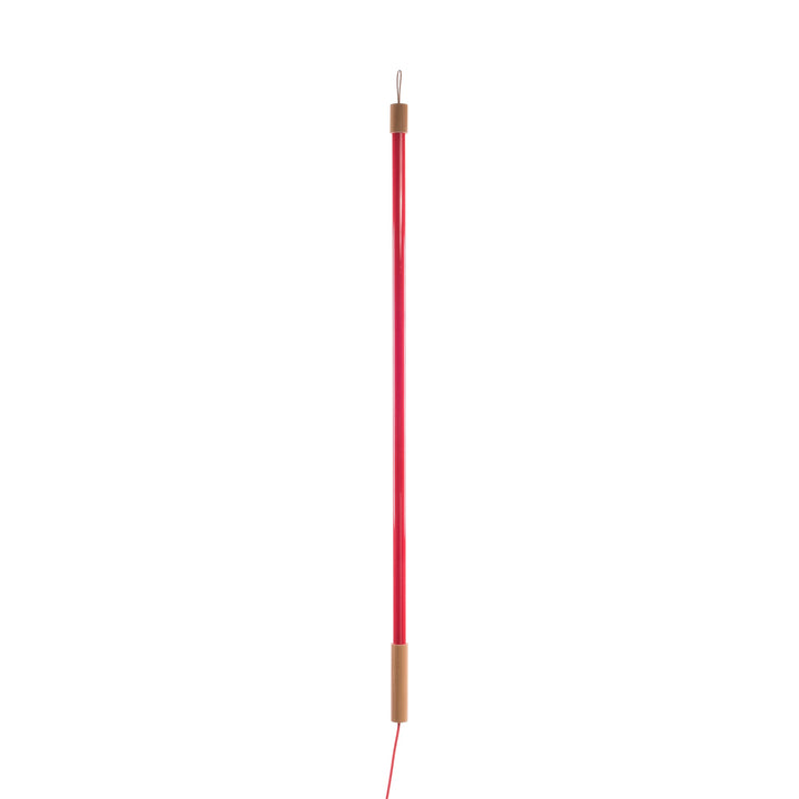 Seletti Linea LED Red, slim red LED tube with a wood end cap, unlit on white