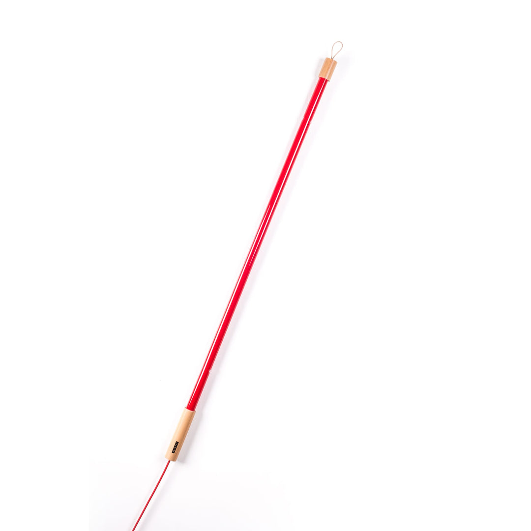 Seletti Linea LED Red, red tube leaning diagonally, wood cap and cord visible