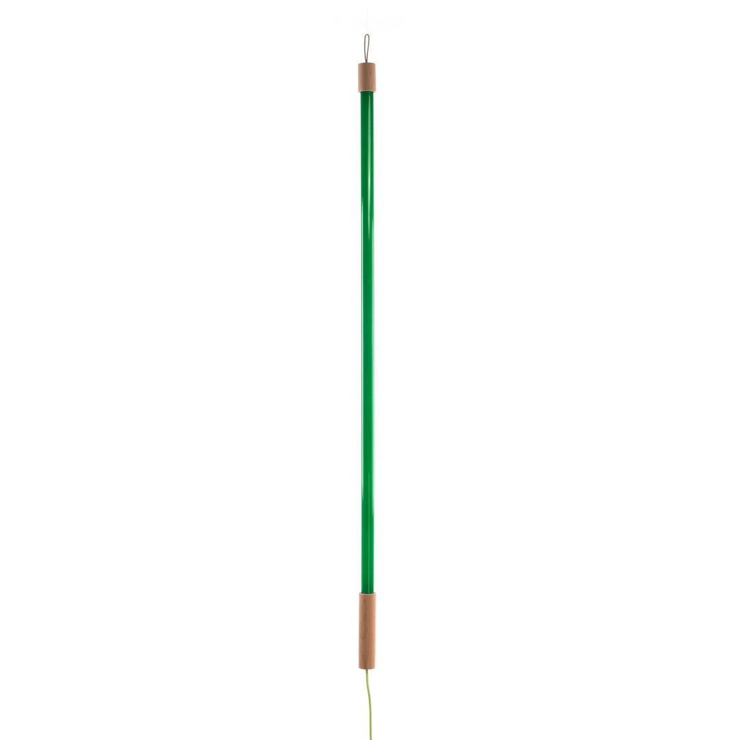 Seletti Linea LED Green, slim green LED tube with a wood end cap, unlit on white