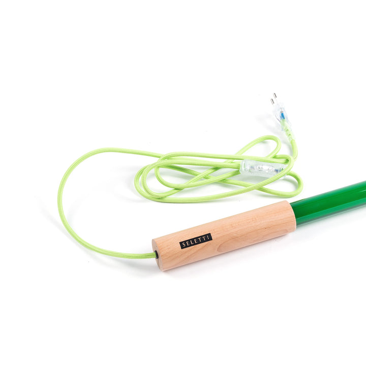 Seletti Linea LED Green, close-up of the wooden end cap and lime-green braided cord