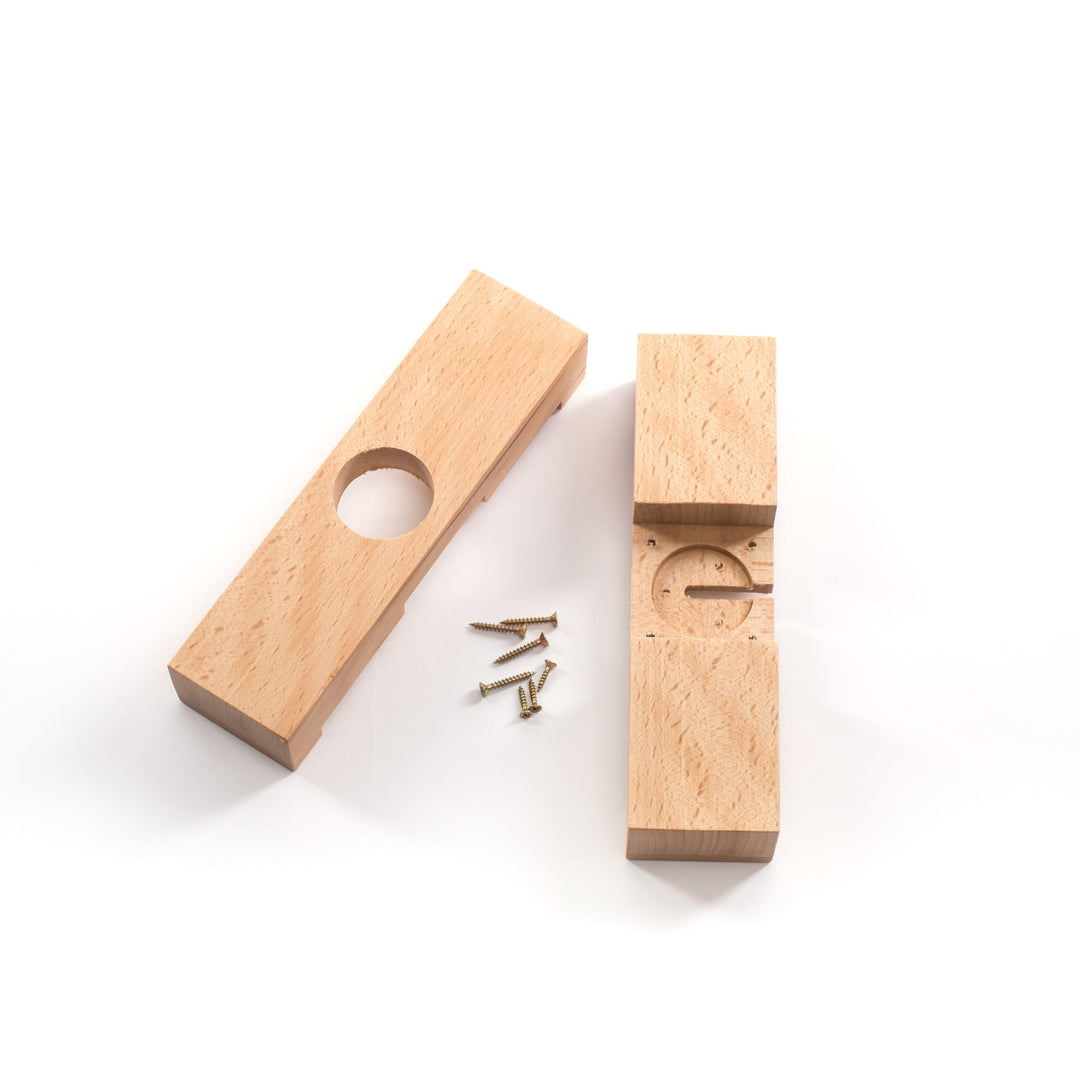 Seletti Linea Wooden Stand, the two slotted wooden pieces laid out with their screws