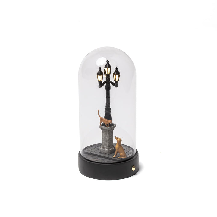 Seletti My Little Evening, street lamp with two orange cats on a cobbled base under a glass dome