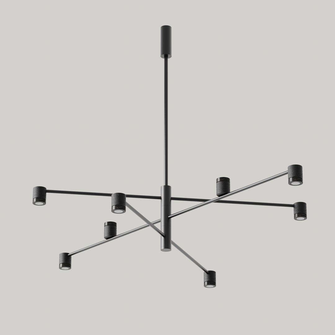 Tea Chandelier, matt black multi-arm fixture with eight cylinder spotlights, unlit, by Aromas del Campo