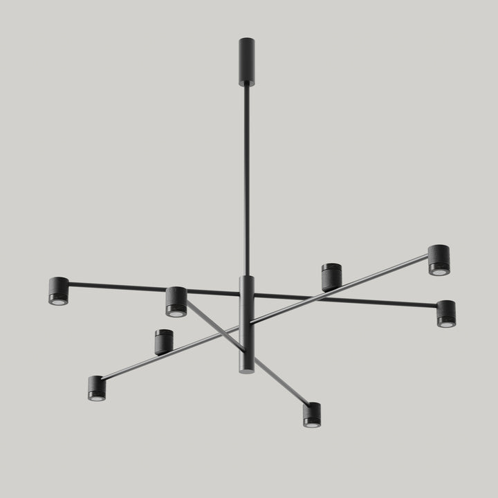 Tea Chandelier, matt black multi-arm fixture with eight cylinder spotlights, unlit, by Aromas del Campo