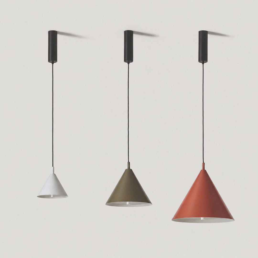 Trag Pendant Lamp, three cone shades in white, green and terracotta red on black canopies, unlit, by Aromas del Campo