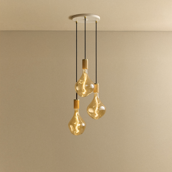 Triple Pendant in Oak + Voronoi II - White Canopy