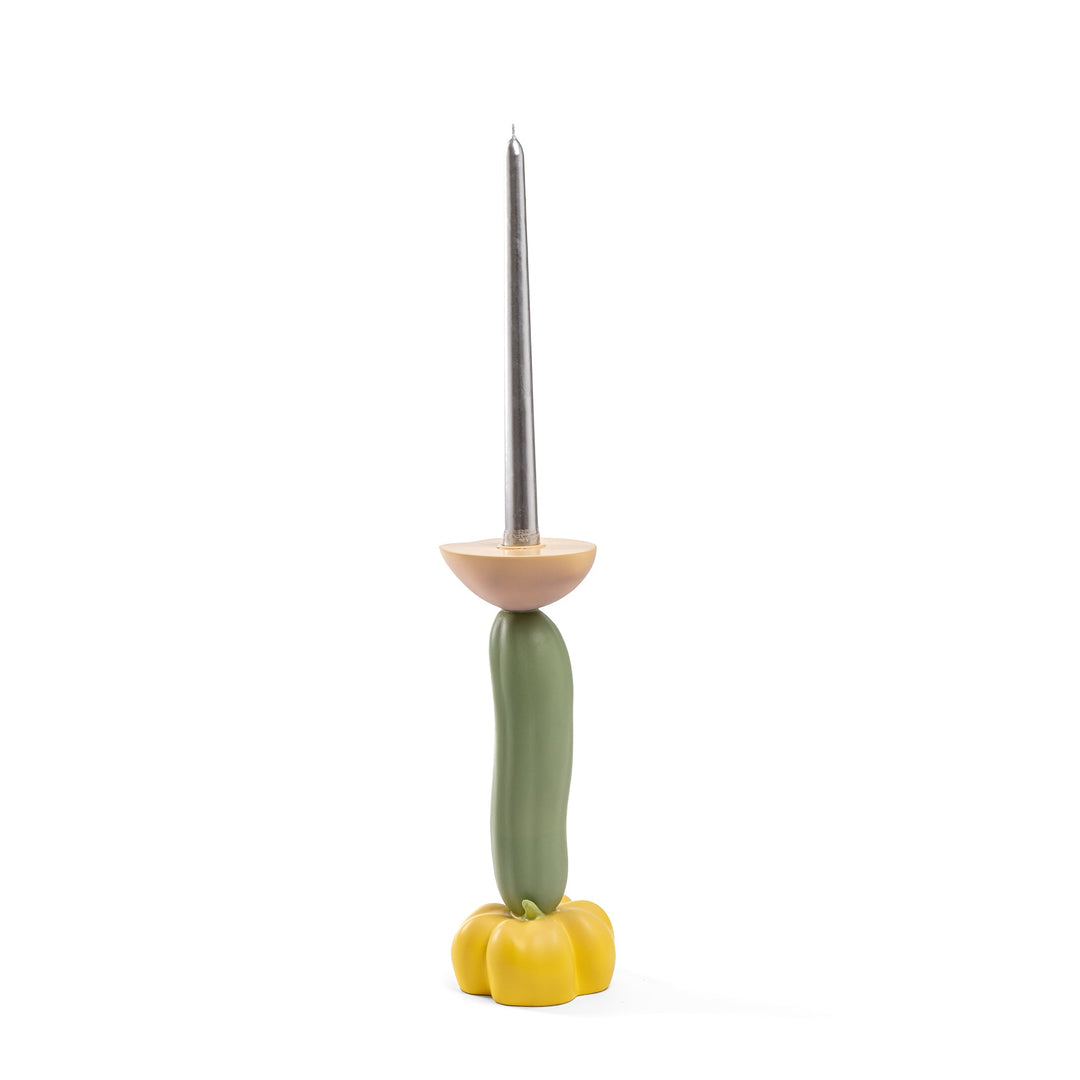 Seletti Vitamin Cucumber Candlestick, candlestick of a green cucumber on a yellow pepper base with a peach cup, taper fitted
